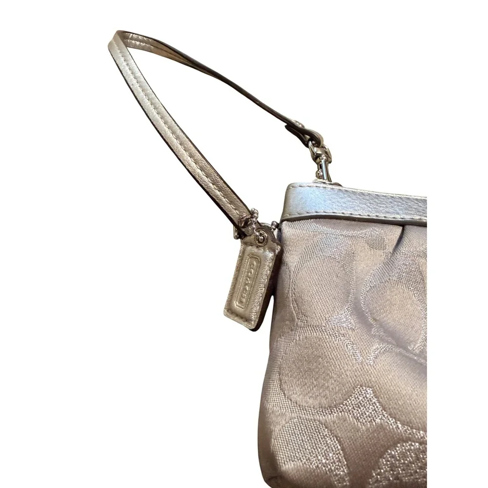 Coach Signature Jacquard Wristlet Silver Metallic Leather Trim Lavender Lining